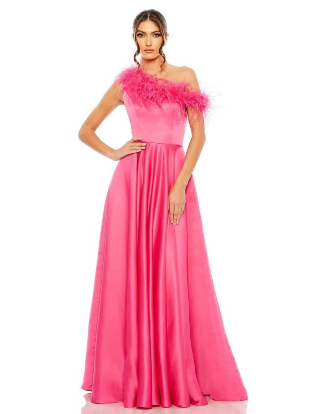 Mac Duggal Size 6 Pink 11684 One Shoulder A-Line Maxi Gown Feather Prom Dress